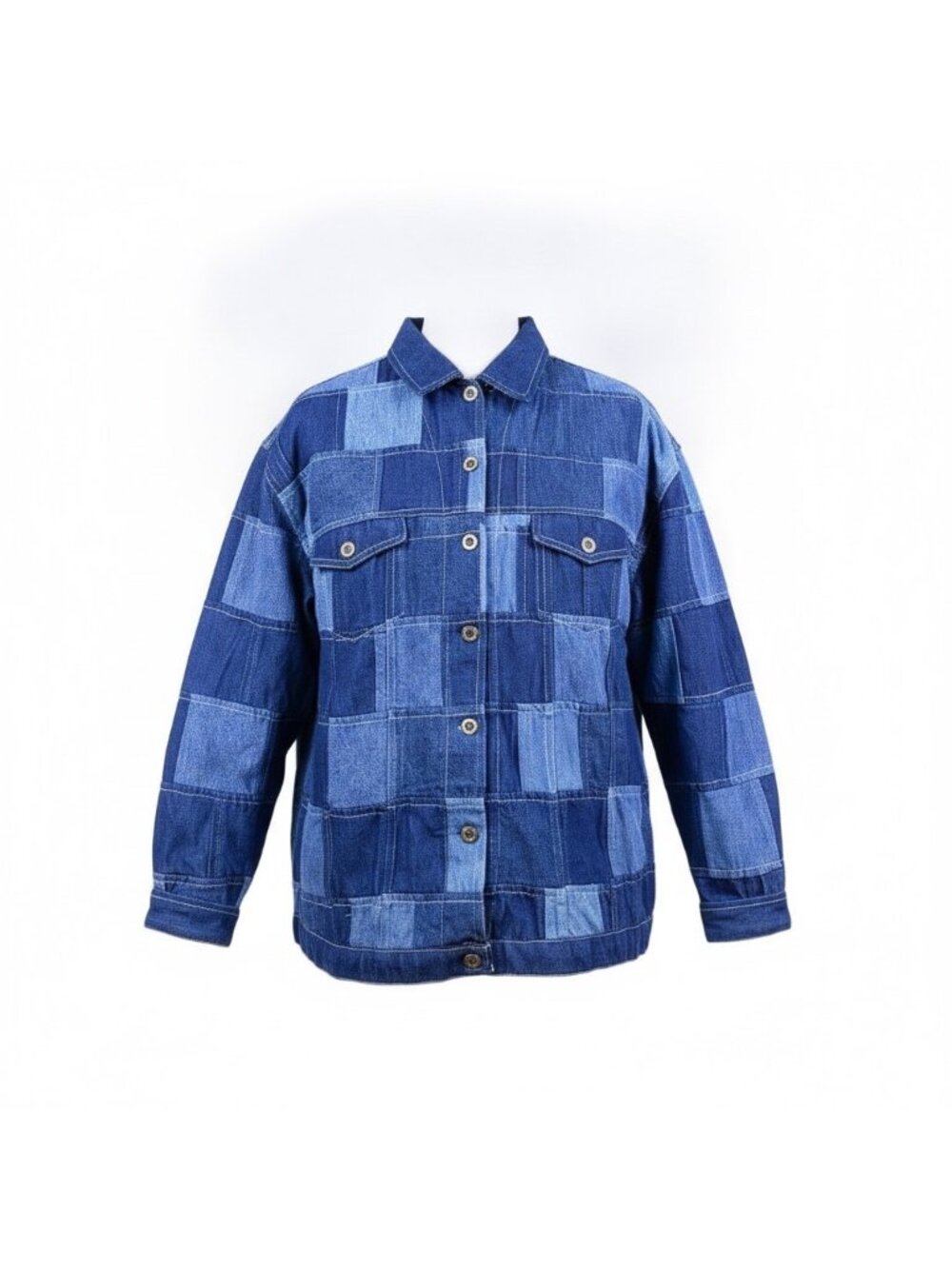 Erica Brooke Womens Blue Cotton Patchwork Jacket Denim Button Up Plus Size 24